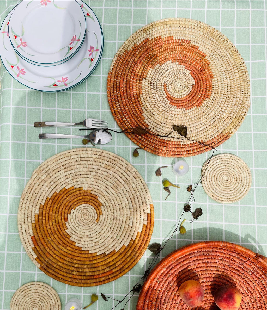 Boho Spiral Placemats with Coasters, Orange Round Placemats, Eco Friendly Woven Straw Placemats, 14 inch Table Mat, Fall Table Decor