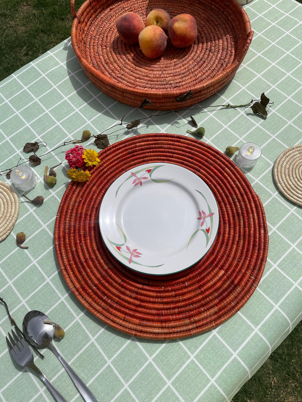 Boho Woven Palm Placemats: Terracotta Rustic Table Decor, 14 inch