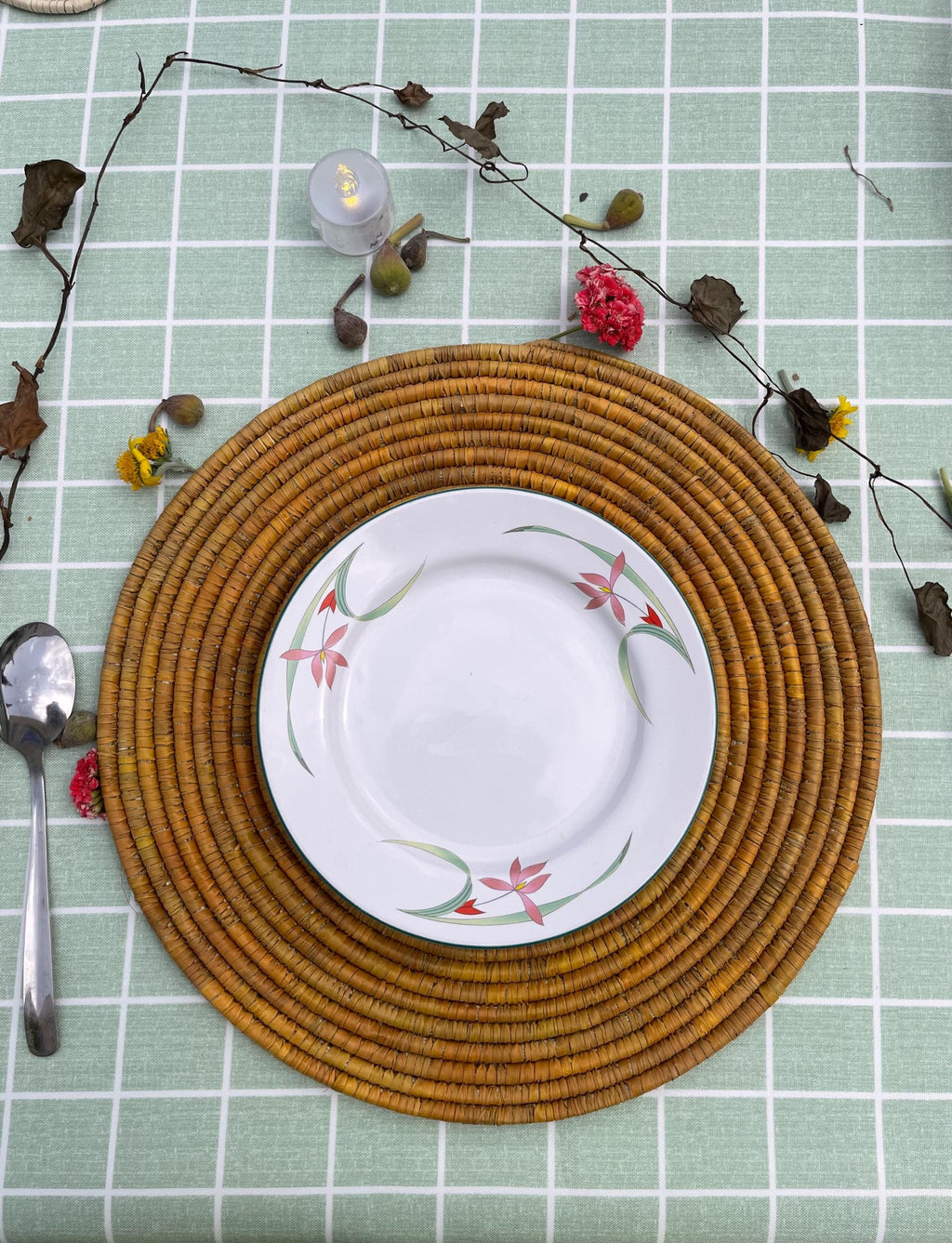 Boho Mustard Palm Leaf Placemats By Suzzi Homes: Round Hand Woven Rustic Thanksgiving Holiday Placemats, Bohemian Wedding Table Setting