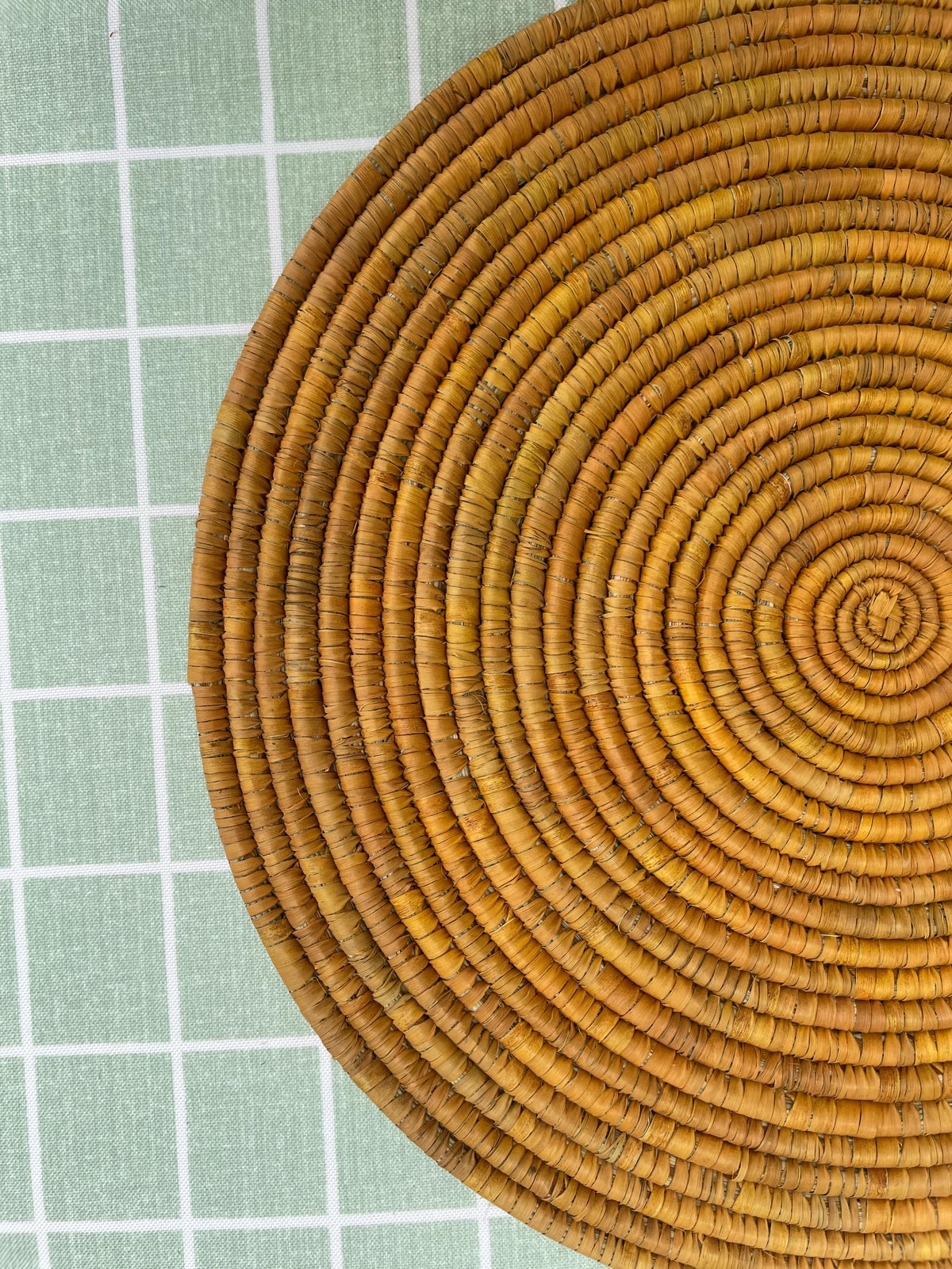 Boho Mustard Palm Leaf Placemats By Suzzi Homes: Round Hand Woven Rustic Thanksgiving Holiday Placemats, Bohemian Wedding Table Setting