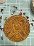 Boho Mustard Palm Leaf Placemats By Suzzi Homes: Round Hand Woven Rustic Thanksgiving Holiday Placemats, Bohemian Wedding Table Setting