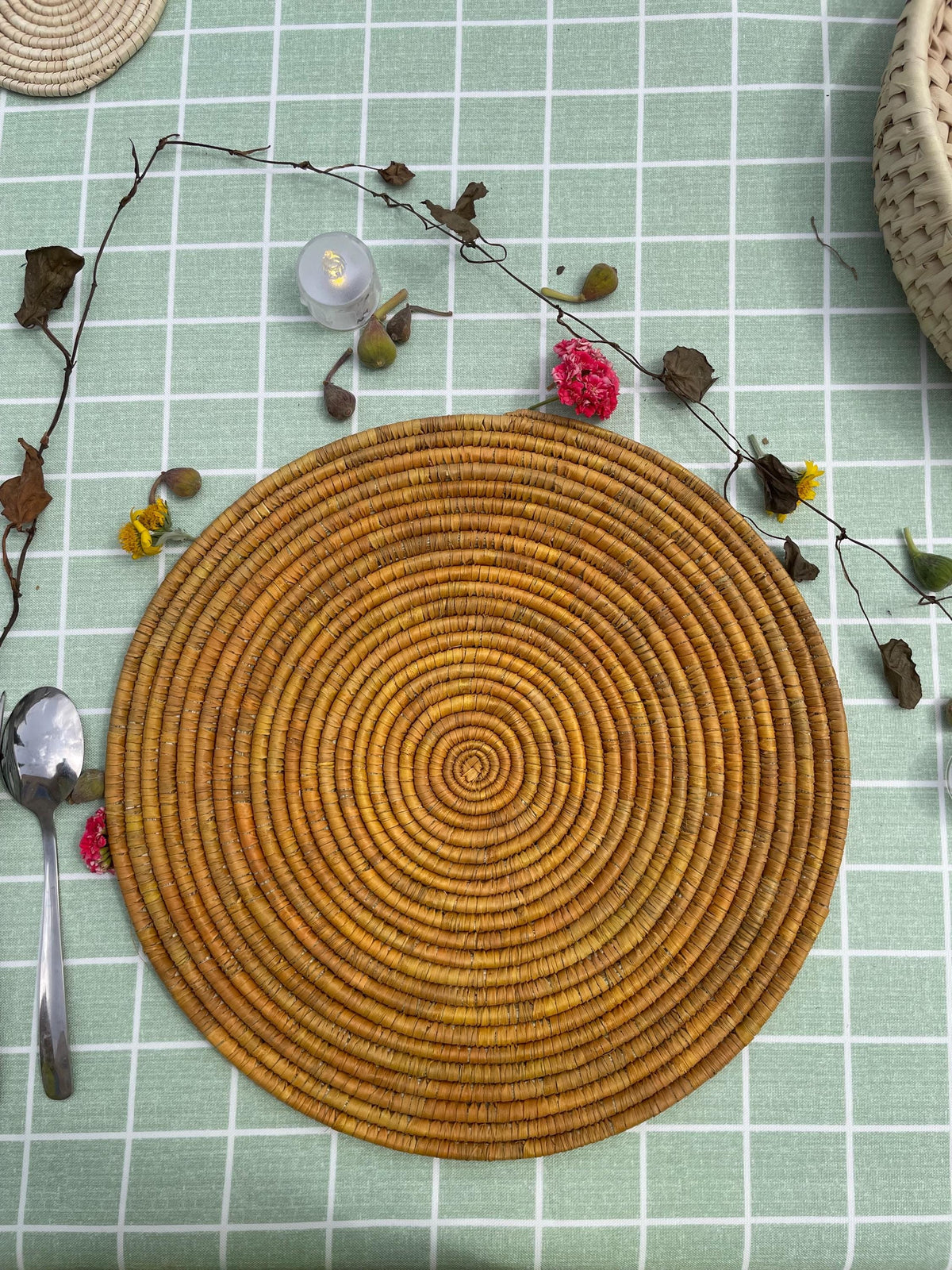 Boho Mustard Palm Leaf Placemats By Suzzi Homes: Round Hand Woven Rustic Thanksgiving Holiday Placemats, Bohemian Wedding Table Setting