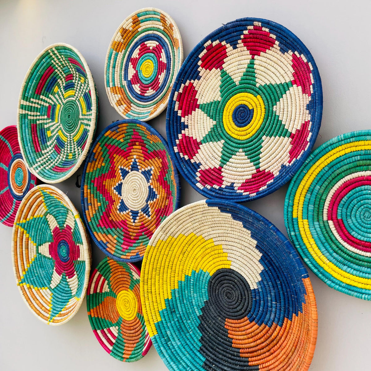Woven Wall Baskets Set Of 9, Colorful African Hand Woven Basket, Sea Grass Wall Hangings, Boho Wall Basket Art, Handmade Bohemian Wall Decor