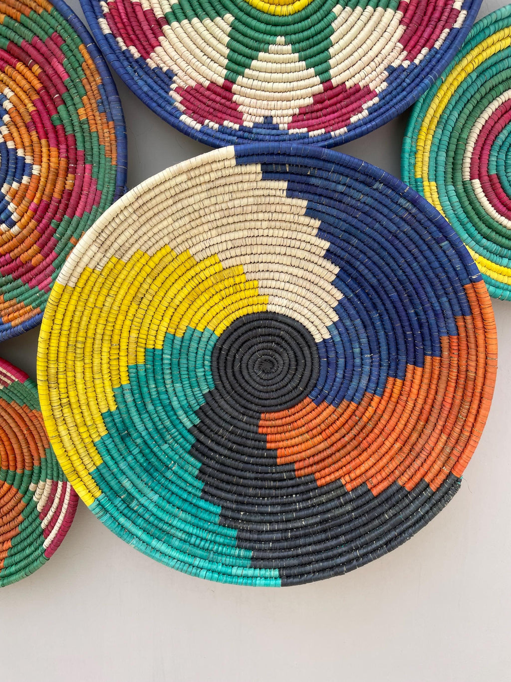 Woven Wall Baskets Set Of 9, Colorful African Hand Woven Basket, Sea Grass Wall Hangings, Boho Wall Basket Art, Handmade Bohemian Wall Decor