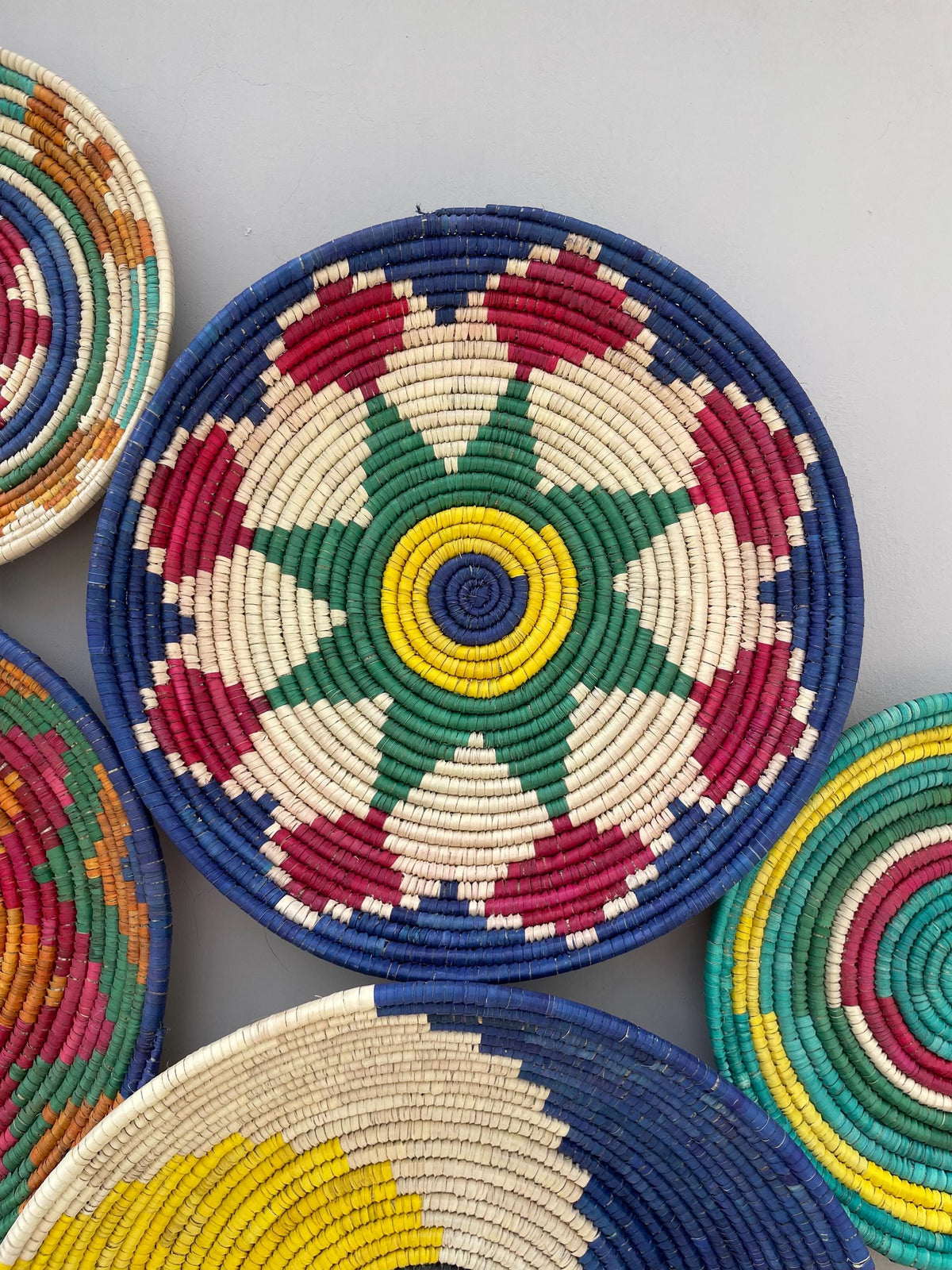 Woven Wall Baskets Set Of 9, Colorful African Hand Woven Basket, Sea Grass Wall Hangings, Boho Wall Basket Art, Handmade Bohemian Wall Decor