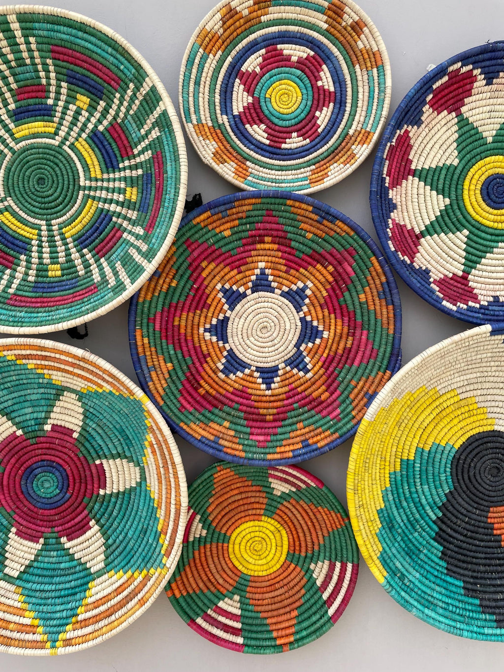 Woven Wall Baskets Set Of 9, Colorful African Hand Woven Basket, Sea Grass Wall Hangings, Boho Wall Basket Art, Handmade Bohemian Wall Decor