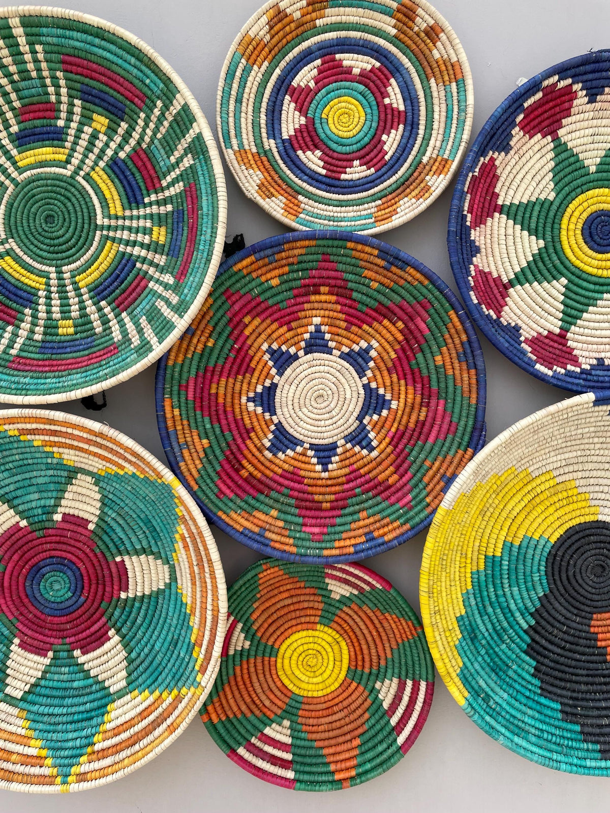 Woven Wall Baskets Set Of 9, Colorful African Hand Woven Basket, Sea Grass Wall Hangings, Boho Wall Basket Art, Handmade Bohemian Wall Decor