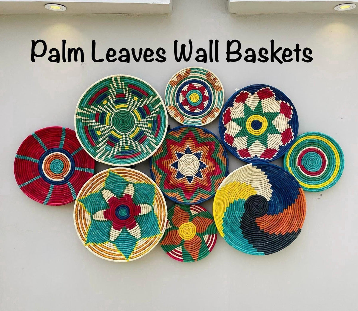 Woven Wall Baskets Set Of 9, Colorful African Hand Woven Basket, Sea Grass Wall Hangings, Boho Wall Basket Art, Handmade Bohemian Wall Decor