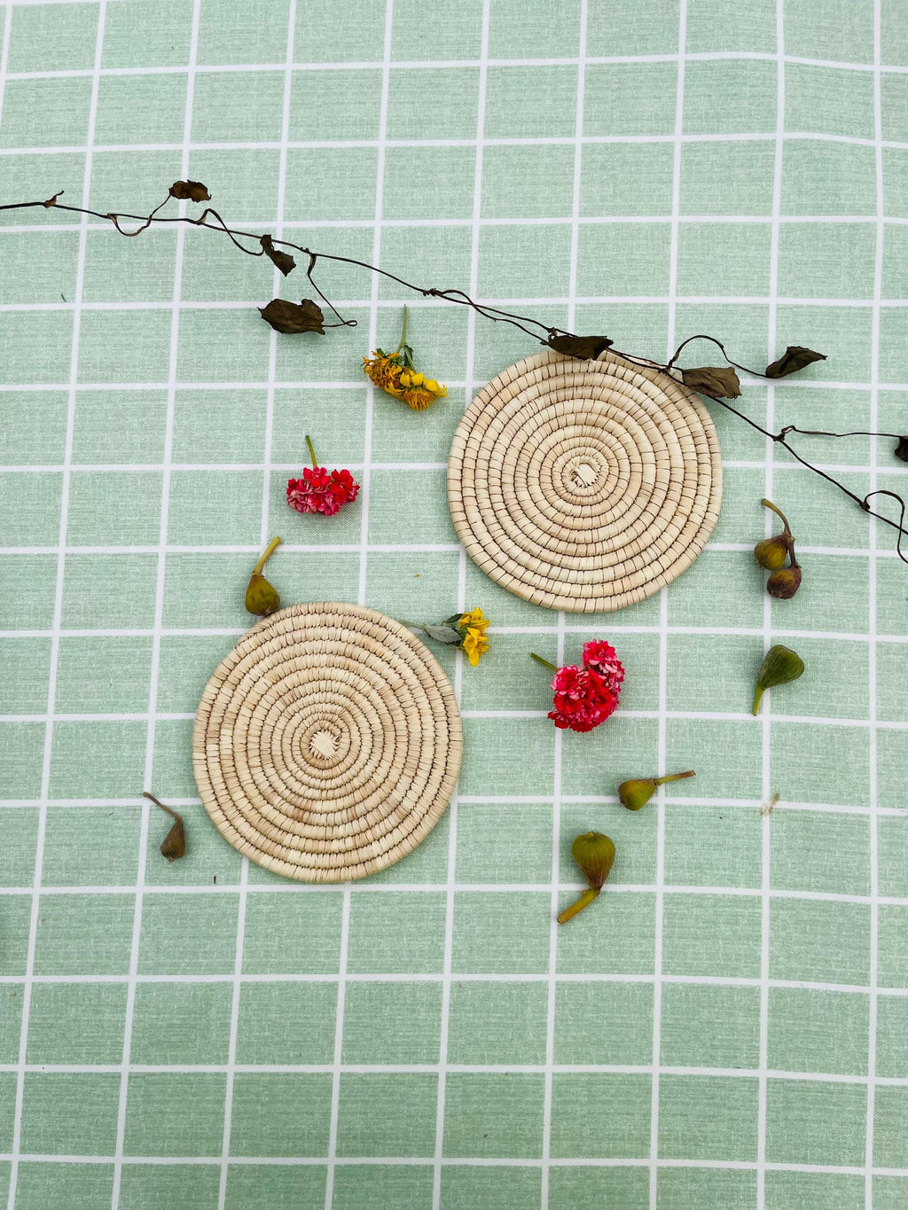 Handwoven Coasters Set of 6: Handmade Woven Cup Mats, 6 inch, boho coasters, eco friendly decor