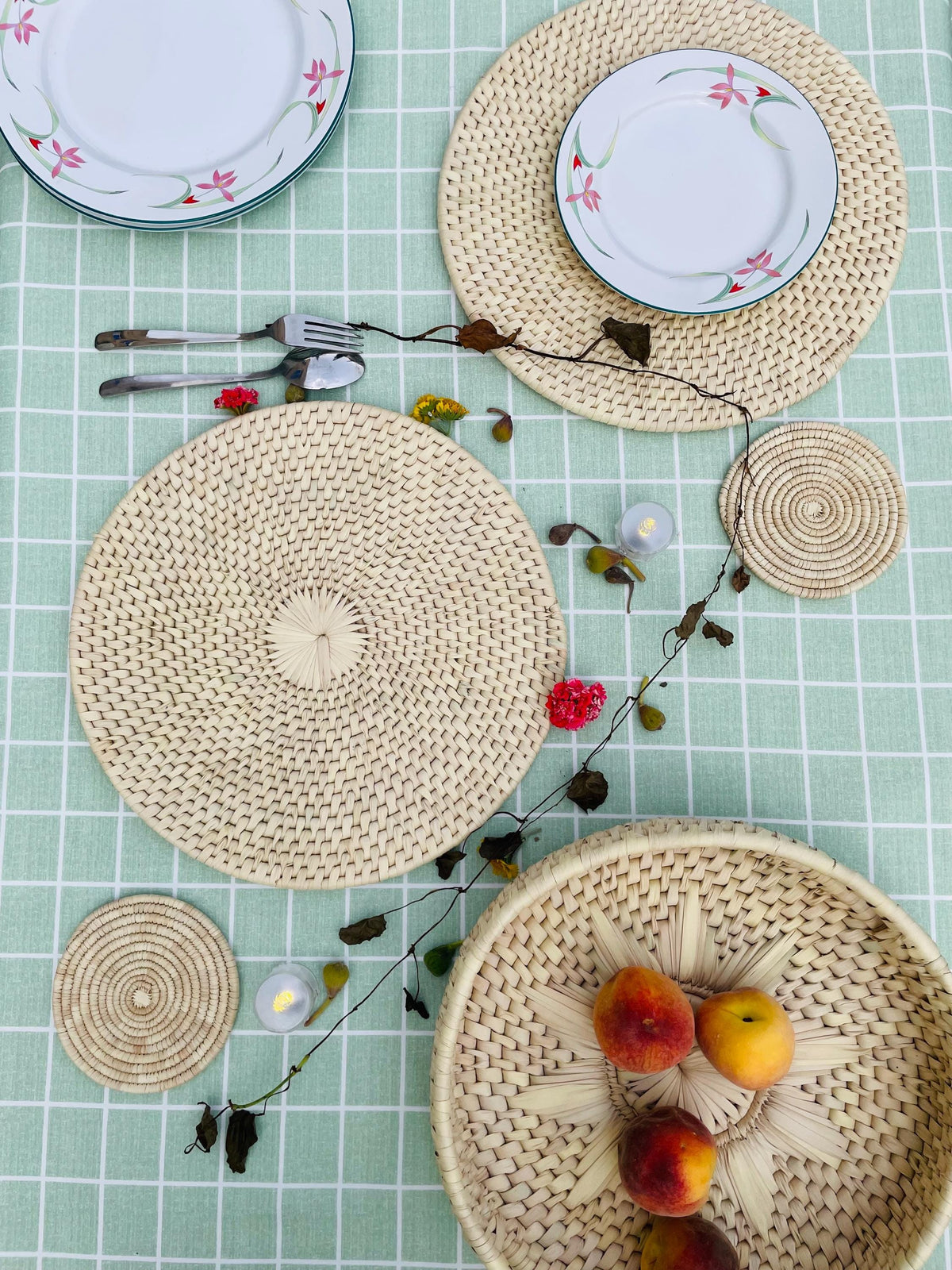 Handwoven Coasters Set of 6: Handmade Woven Cup Mats, 6 inch, boho coasters, eco friendly decor