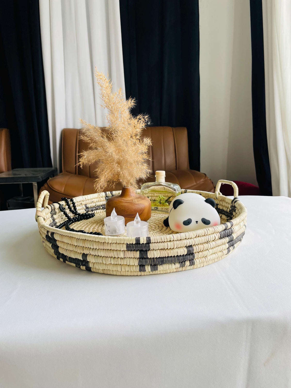 Woven Palm Leaf Tray: Rustic Farmhouse Ottoman Coffee Table Decor