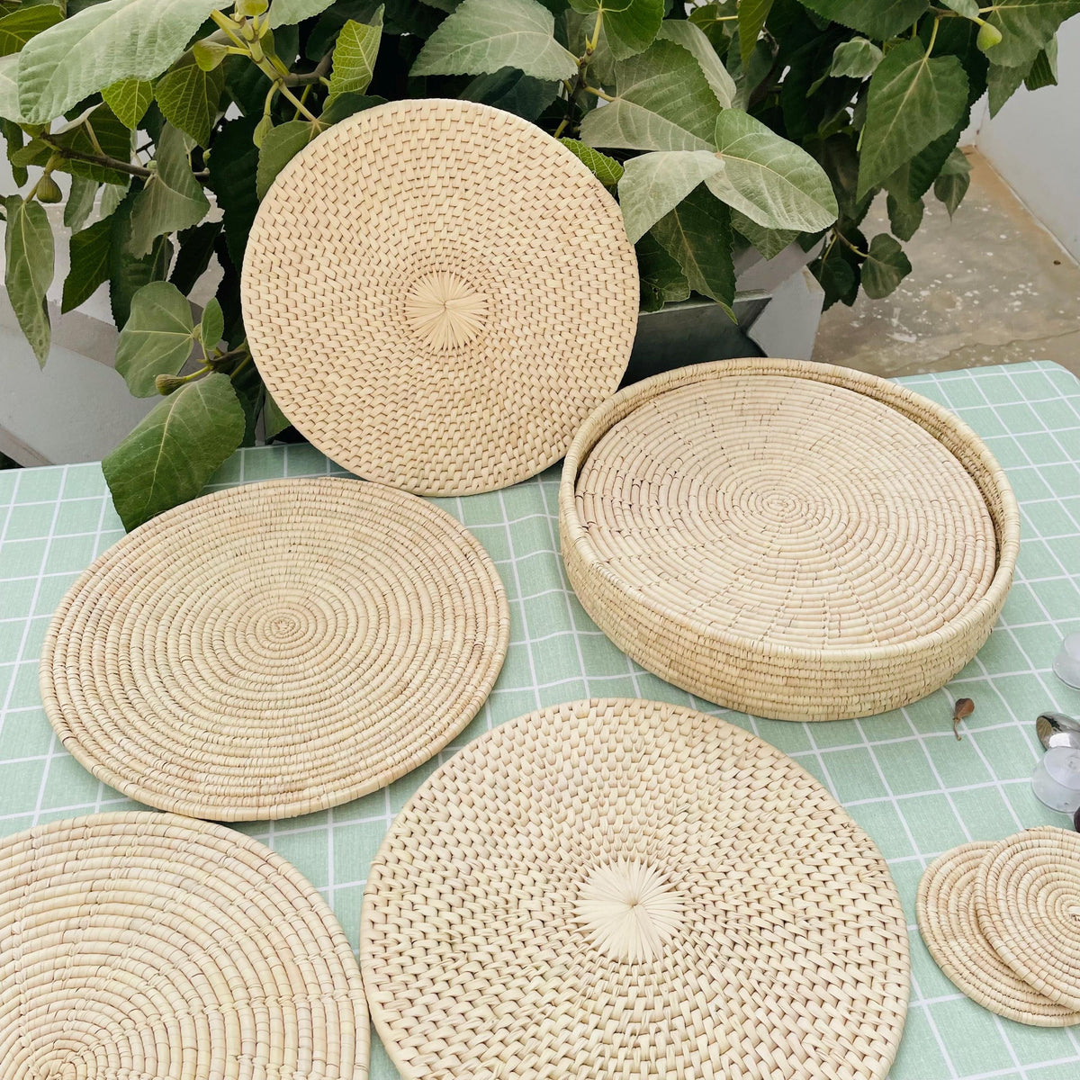 Woven Palm Leaf Placemats with Holder: Set of 6, 14" Eco-Friendly Dining