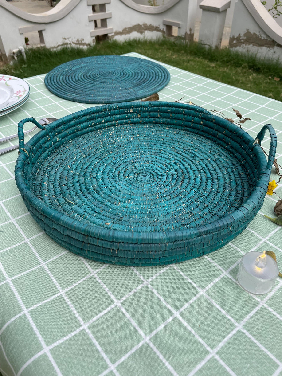 Handmade Boho Palm Fiber Basket Tray: Rustic Green Ottoman & Coffee Table Decor