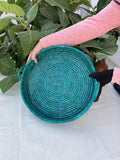Handmade Boho Palm Fiber Basket Tray: Rustic Green Ottoman & Coffee Table Decor