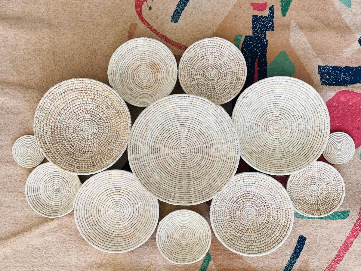 Boho SeaGrass Wall Basket Set 12, Woven Natural Fiber Wall Art, Rustic Farmhouse & Minimalist Home Decor, Handmade Wall Hanging, Japandi Art