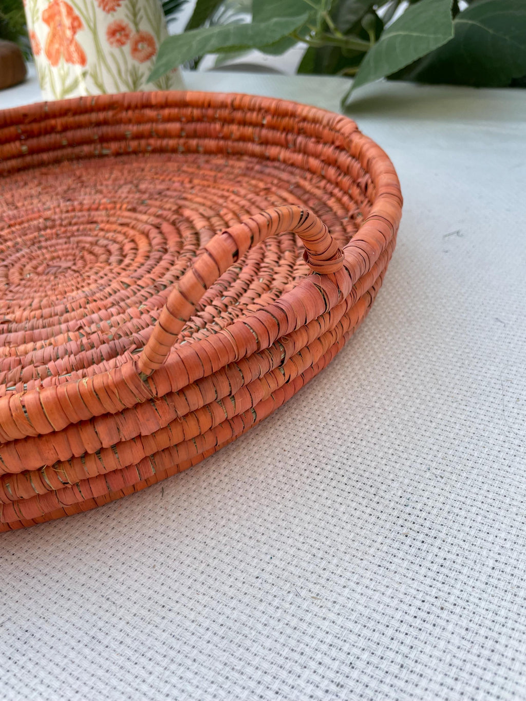 14-inch Palm Woven Round Tray for Coffee Table, Fruit, Coastal Decor, Rustic Farmhouse Serving