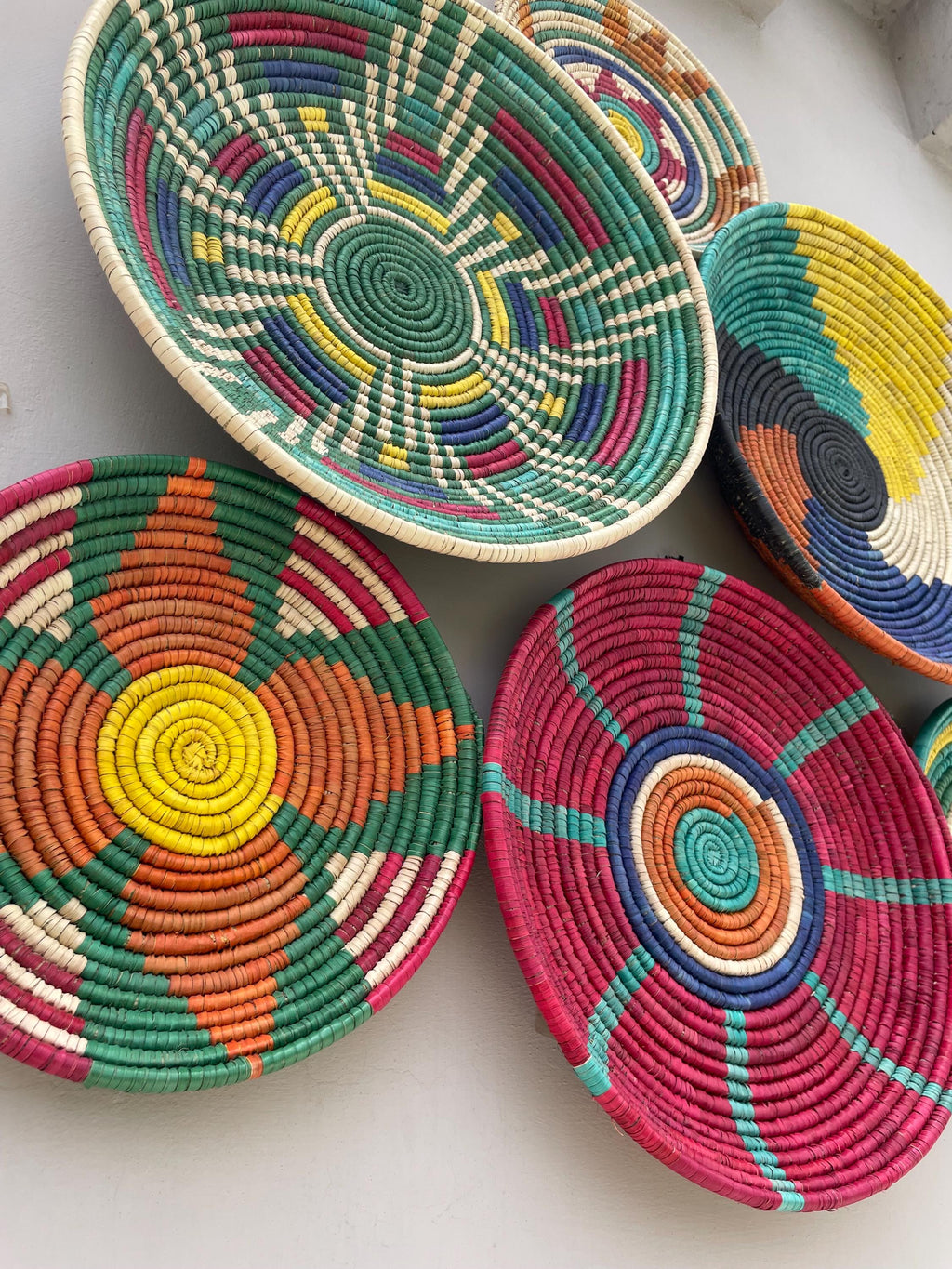 Woven Wall Basket Decor (Set of 6), Bohemian Wall Hanging, Boho African Art, Dyed Palm & Sea Grass