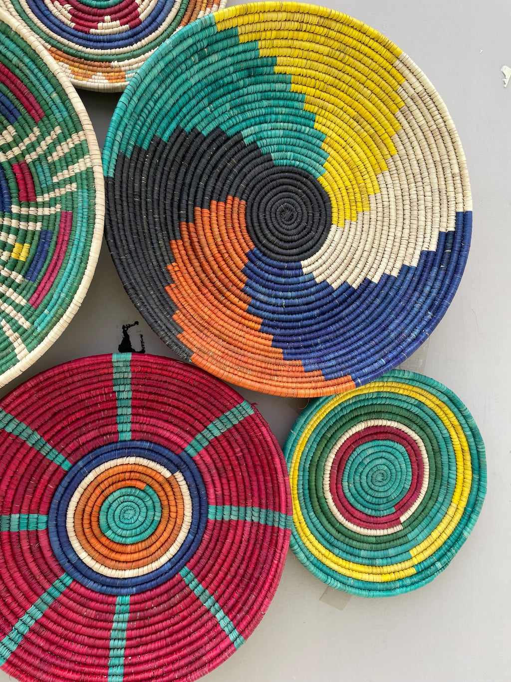 Woven Wall Basket Decor (Set of 6), Bohemian Wall Hanging, Boho African Art, Dyed Palm & Sea Grass
