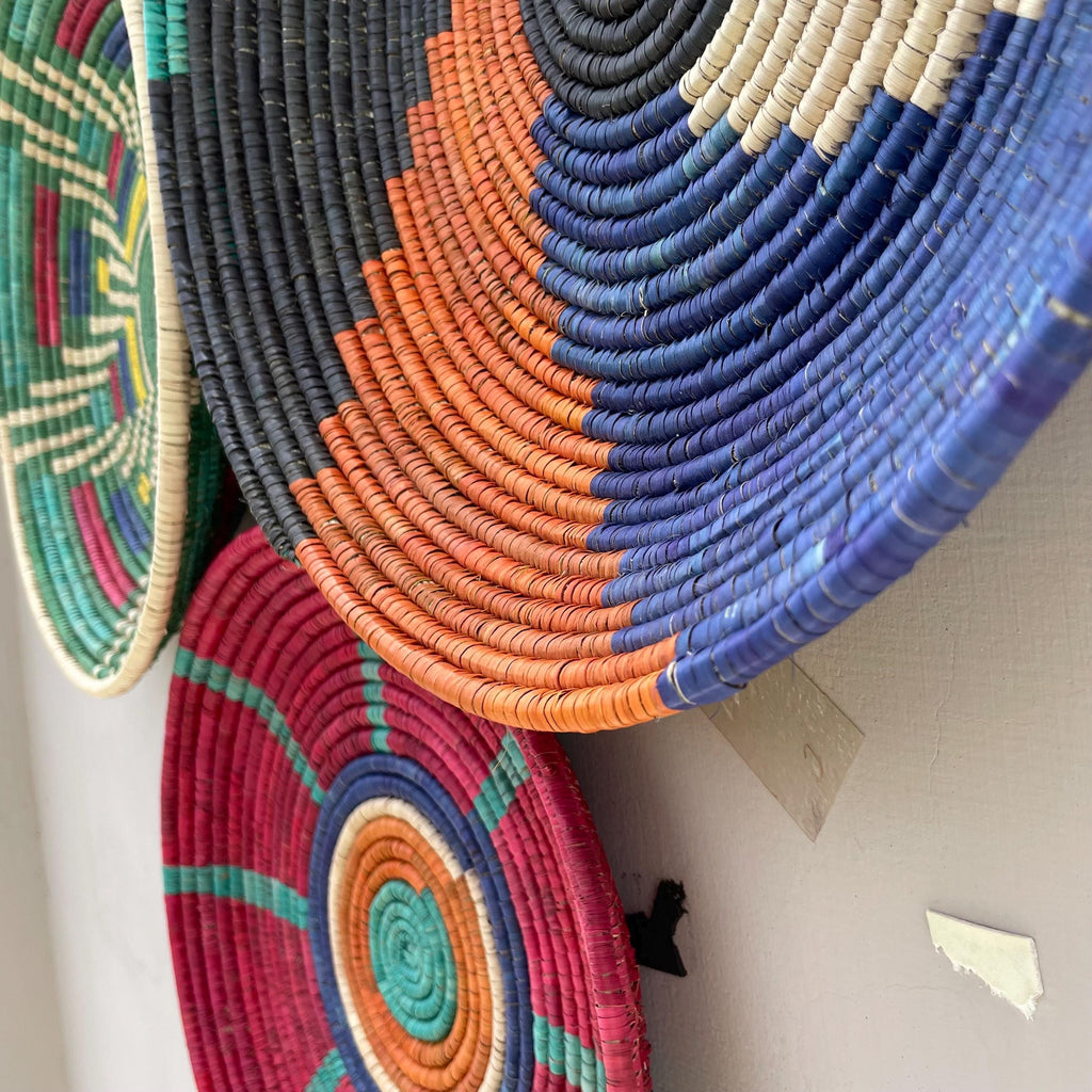 Woven Wall Basket Decor (Set of 3), Boho African Art, Assorted Baskets, Dyed Palm & Sea Grass