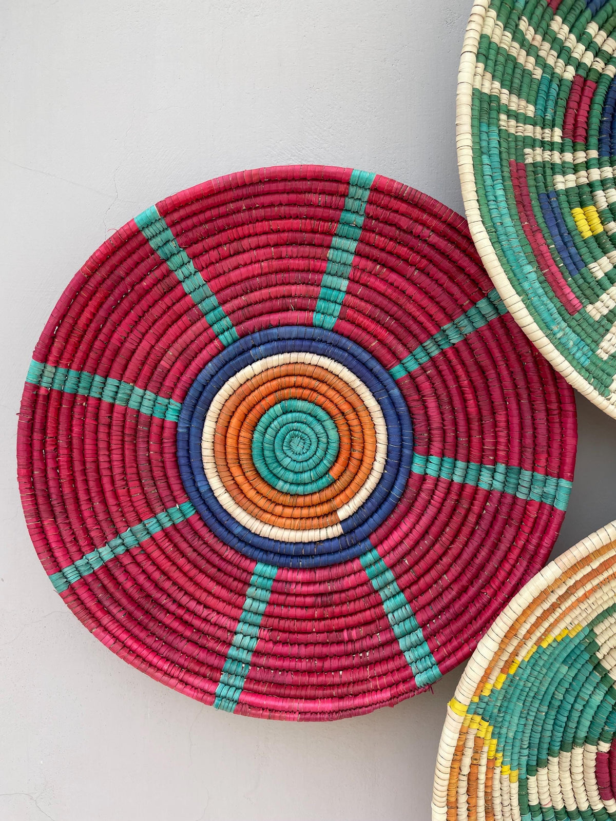 Woven Wall Baskets Set Of 9, Colorful African Hand Woven Basket, Sea Grass Wall Hangings, Boho Wall Basket Art, Handmade Bohemian Wall Decor