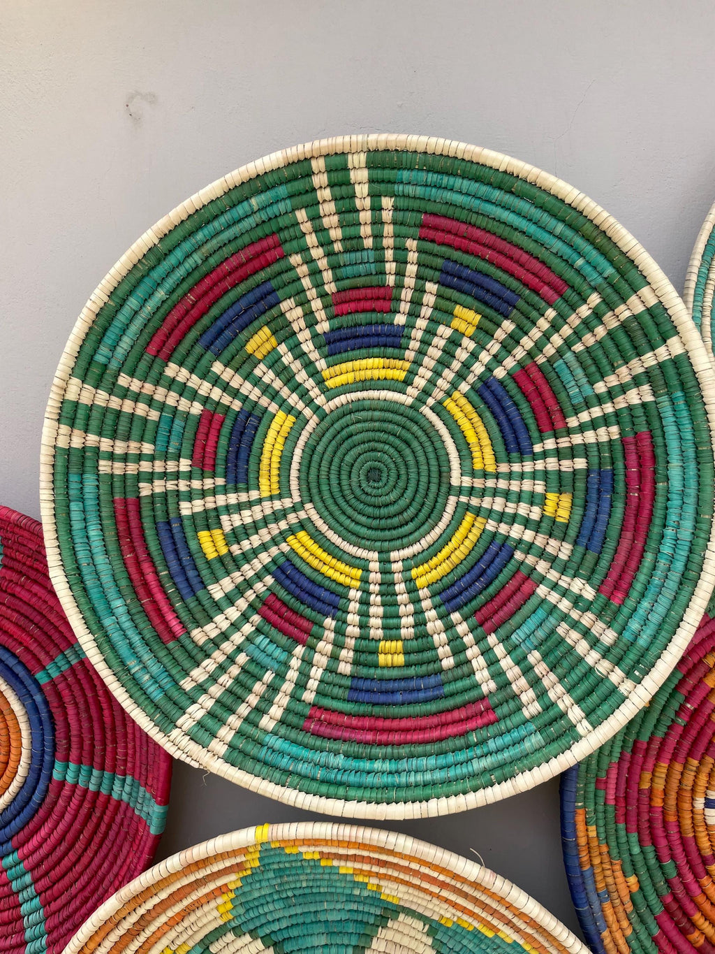 Woven Wall Baskets Set Of 9, Colorful African Hand Woven Basket, Sea Grass Wall Hangings, Boho Wall Basket Art, Handmade Bohemian Wall Decor