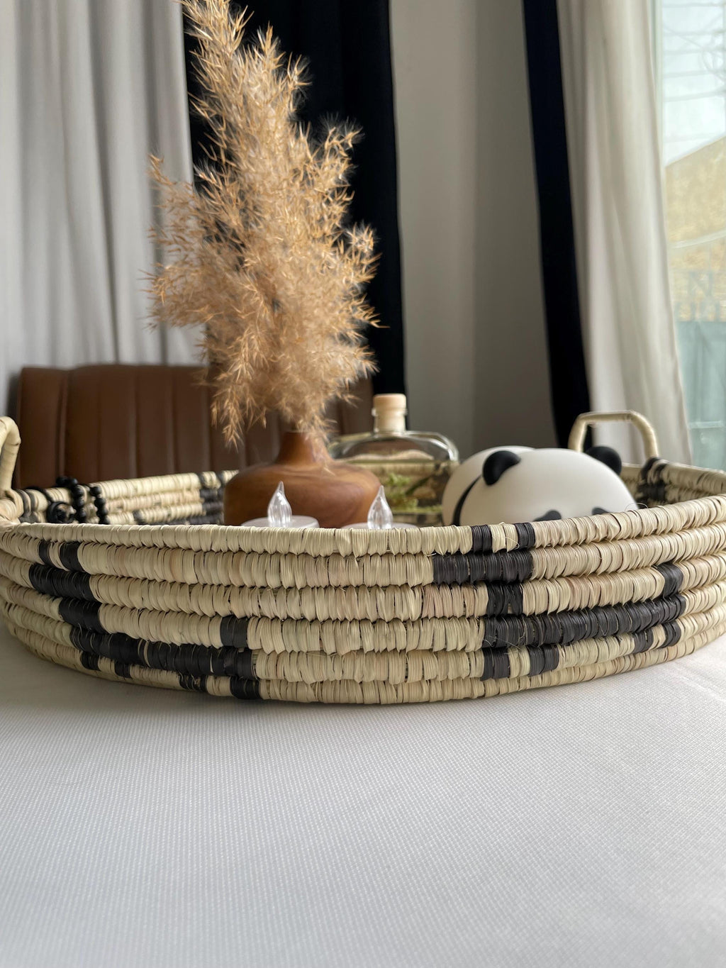 Woven Palm Leaf Tray: Rustic Farmhouse Ottoman Coffee Table Decor