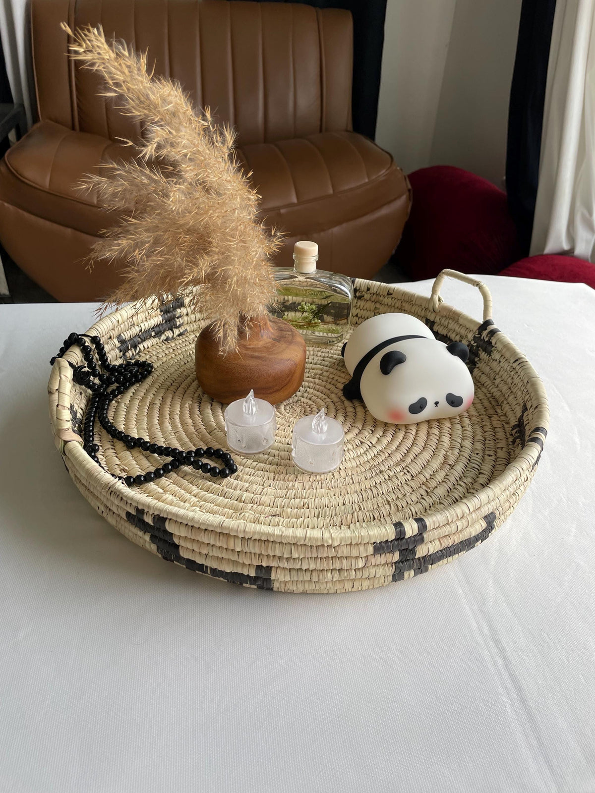 Woven Palm Leaf Tray: Rustic Farmhouse Ottoman Coffee Table Decor