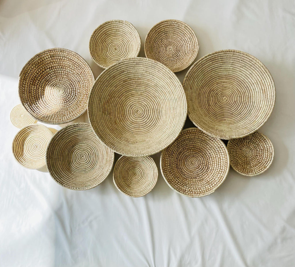 Boho SeaGrass Wall Basket Set 12, Woven Natural Fiber Wall Art, Rustic Farmhouse & Minimalist Home Decor, Handmade Wall Hanging, Japandi Art