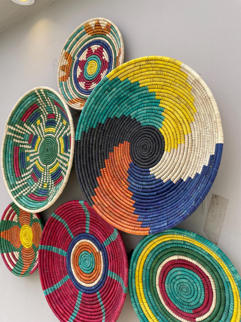 Woven Wall Basket Decor (Set of 6), Bohemian Wall Hanging, Boho African Art, Dyed Palm & Sea Grass