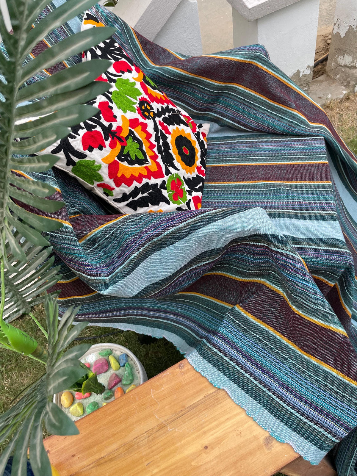 X large green striped throw blanket, woven throw for couch, chair & sofa, Christmas fall throw, bed runner, colorful throw for living room