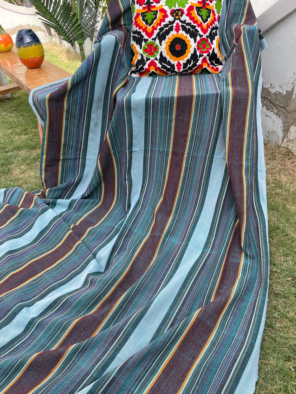 X large green striped throw blanket, woven throw for couch, chair & sofa, Christmas fall throw, bed runner, colorful throw for living room