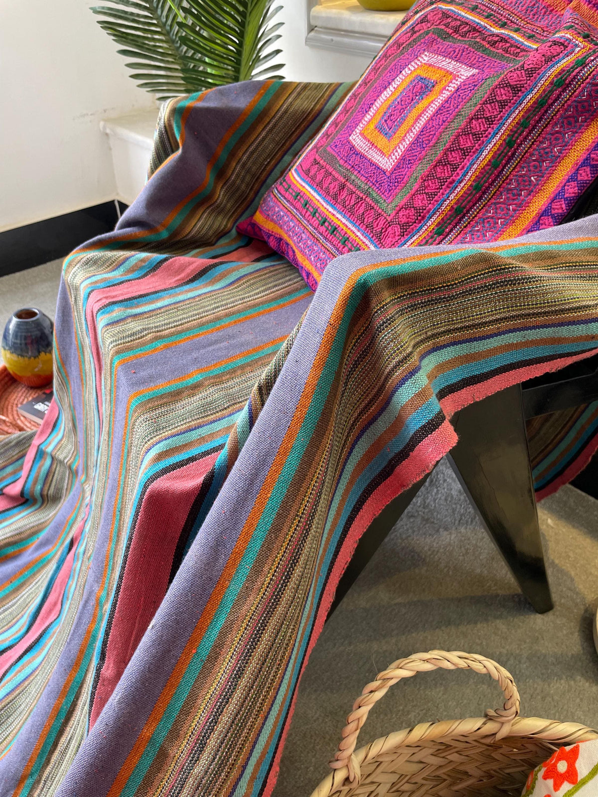 X large pink green striped throw blanket, woven throw for couch, chair & sofa, Fall colorful throw, bed runner, funky throw for living room