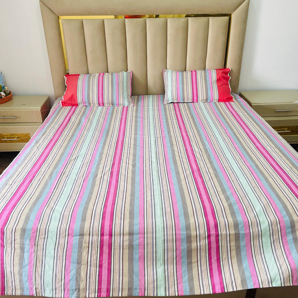 Pink Striped Cotton Bed Sheet Set: Queen Size, 3-Piece Minimalist Bedding