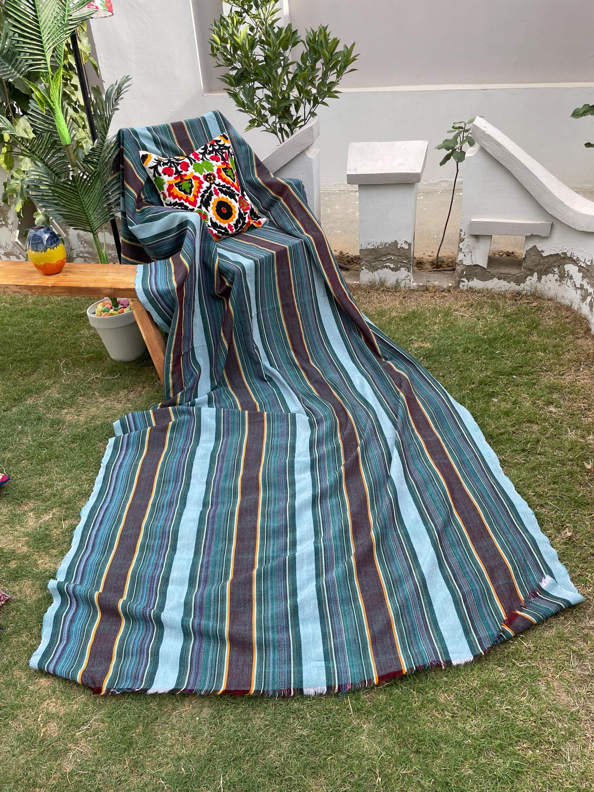 X large green striped throw blanket, woven throw for couch, chair & sofa, Christmas fall throw, bed runner, colorful throw for living room