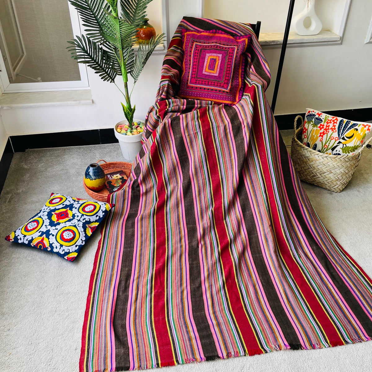 X large pink striped throw blanket, woven throw for couch, chair & sofa, colorful throw, Bed runner, funky throw for living room