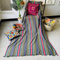 X large pink green striped throw blanket, woven throw for couch, chair & sofa, Fall colorful throw, bed runner, funky throw for living room