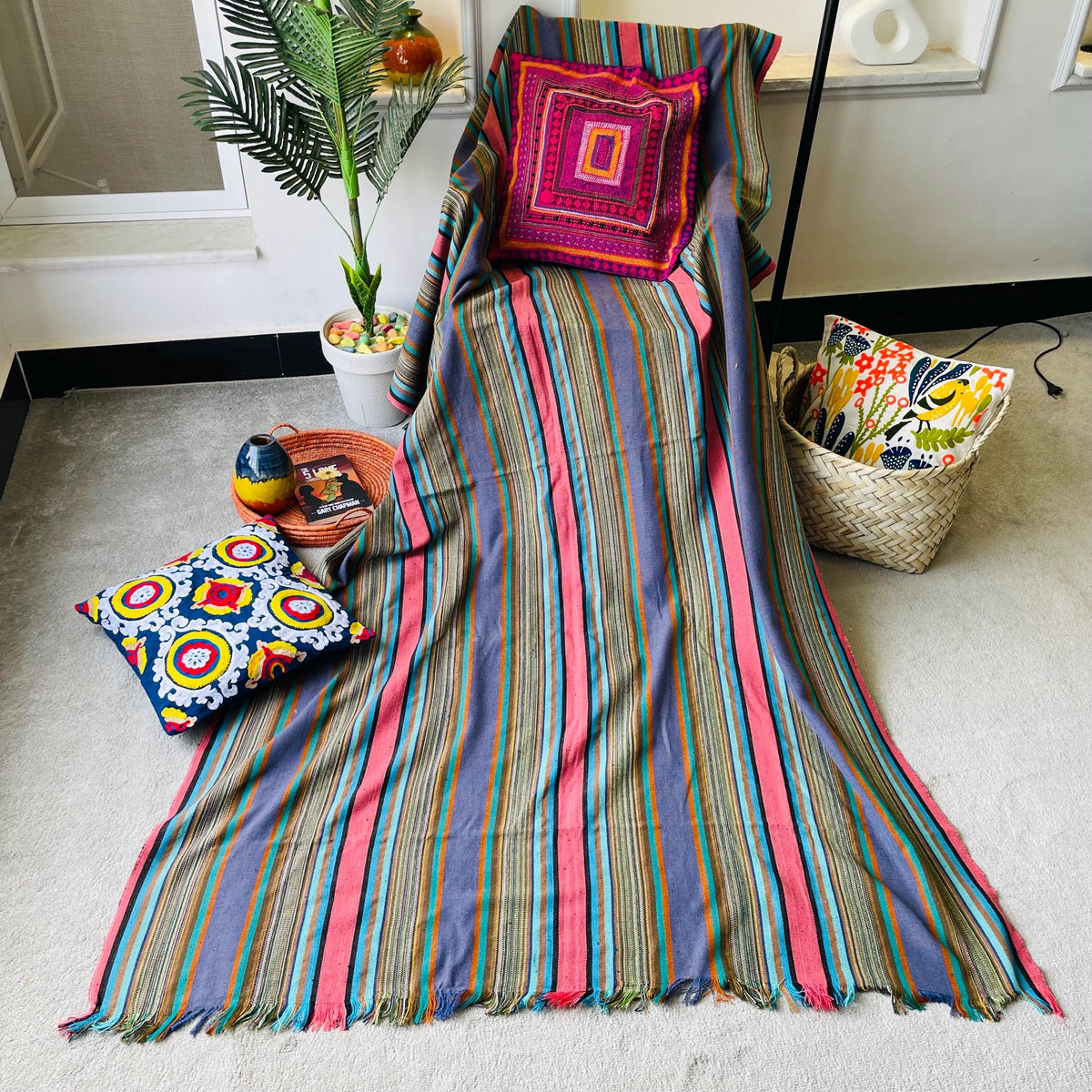 X large pink green striped throw blanket, woven throw for couch, chair & sofa, Fall colorful throw, bed runner, funky throw for living room