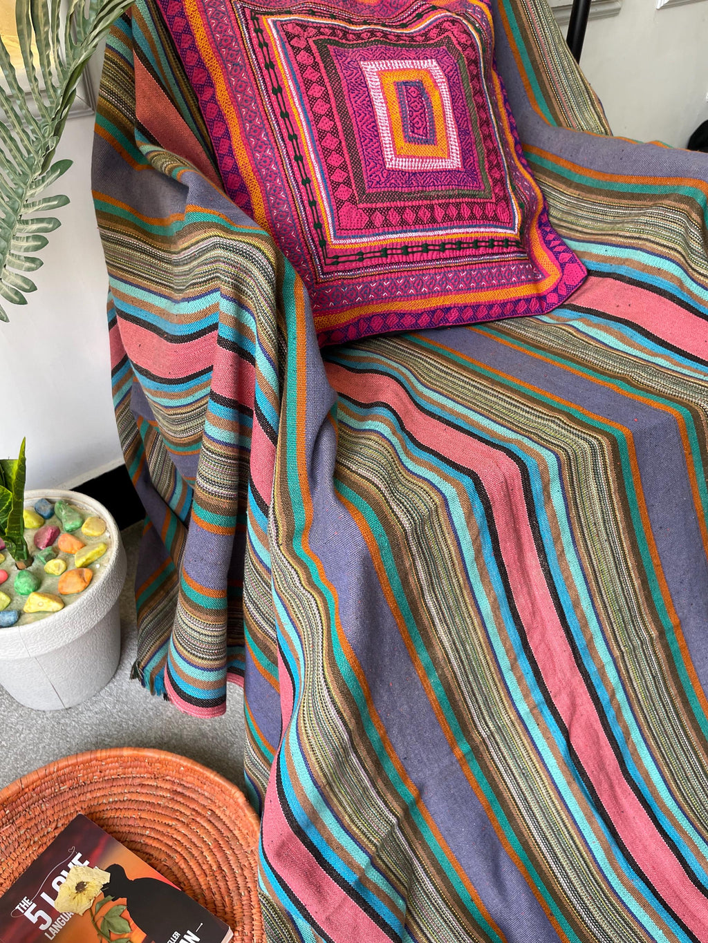 X large pink green striped throw blanket, woven throw for couch, chair & sofa, Fall colorful throw, bed runner, funky throw for living room