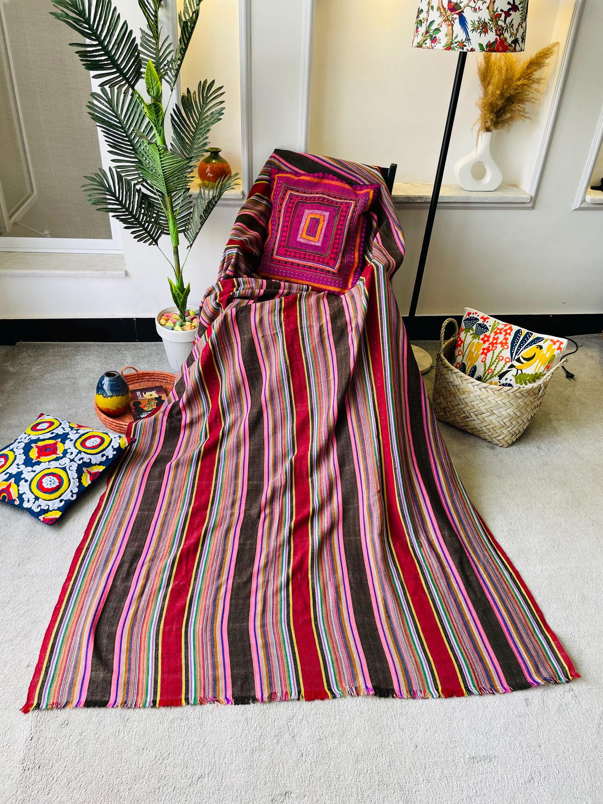 X large striped throw blanket, woven throw for couch, chair & sofa, Summer throw, colorful throw, funky throw for living room, Bed runner
