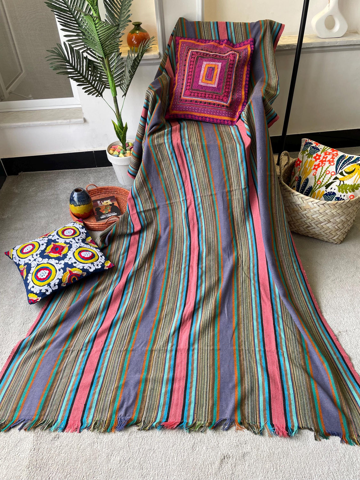 X large striped throw blanket, woven throw for couch, chair & sofa, Summer throw, colorful throw, funky throw for living room, Bed runner