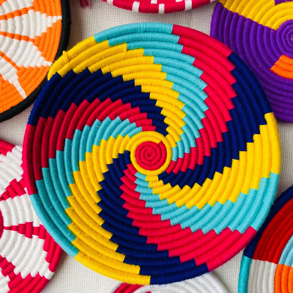 Woven Wall Basket Deocr Set of 14, Boho African Rwanda Basket Art, Hand Woven Colorful Wall Hangings, Bohemian Wall Decor