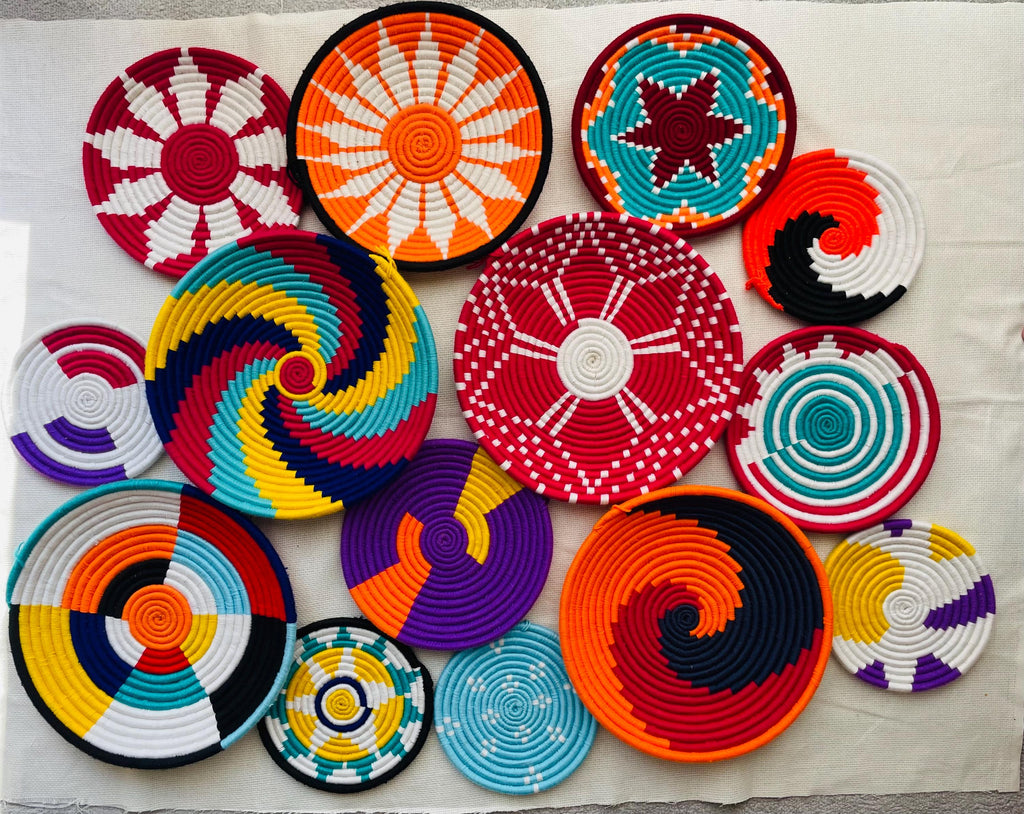 Woven Wall Basket Deocr Set of 14, Boho African Rwanda Basket Art, Hand Woven Colorful Wall Hangings, Bohemian Wall Decor