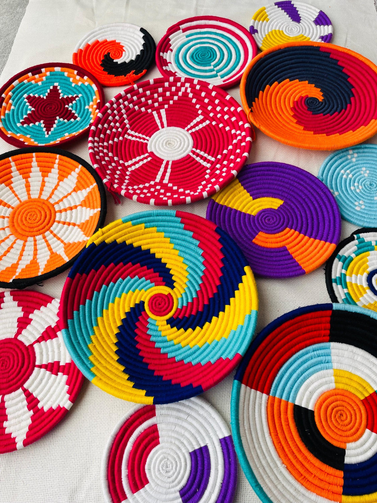 Woven Wall Basket Deocr Set of 14, Boho African Rwanda Basket Art, Hand Woven Colorful Wall Hangings, Bohemian Wall Decor