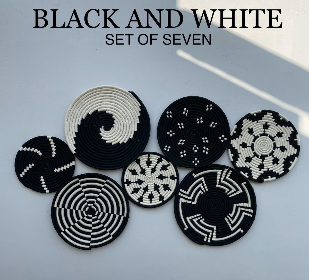 Boho Wall Basket Set of 7, Black & White woven basket Decor, African Wall Baskets, Bohemian Wall Hangings