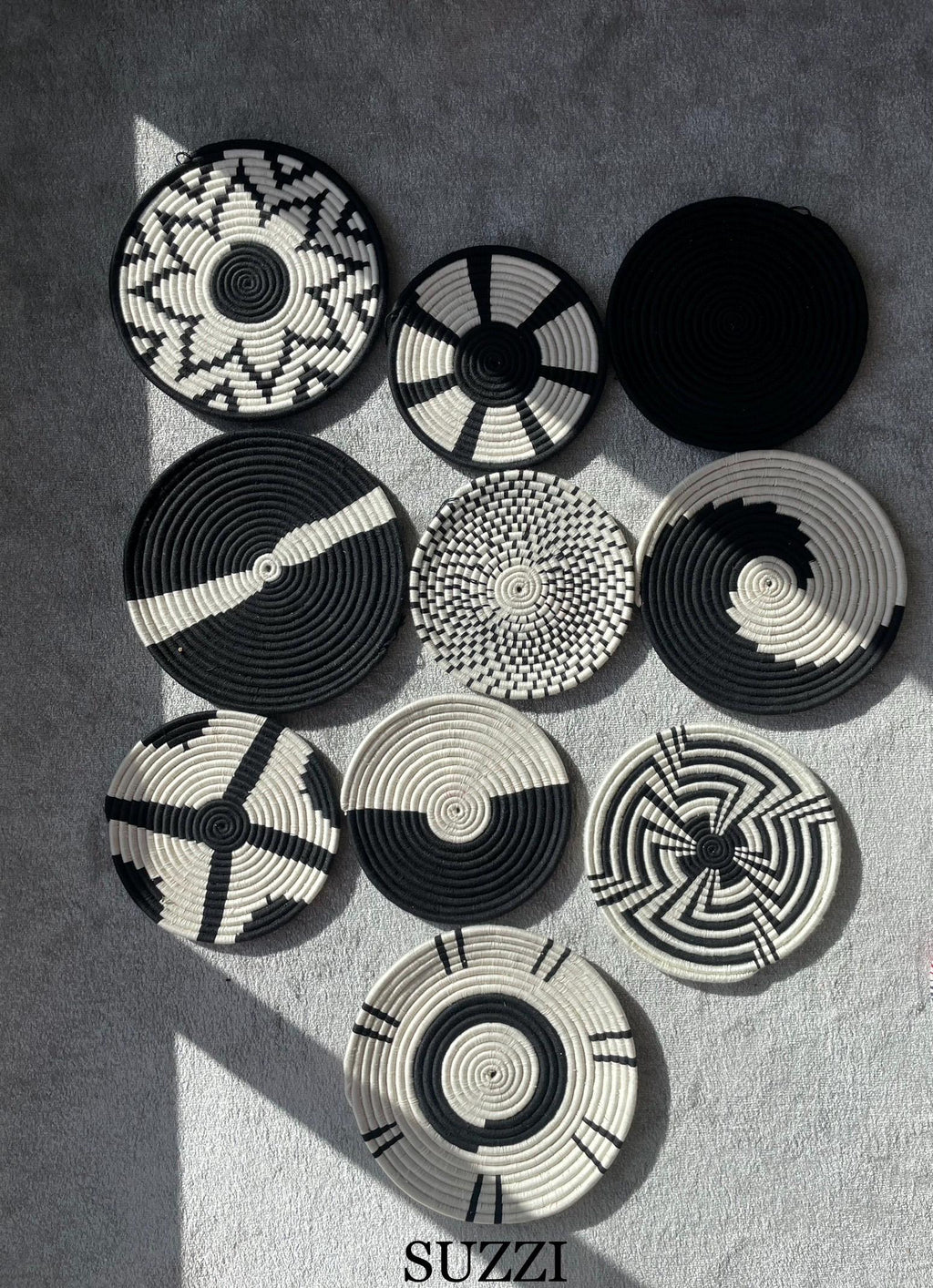 Handwoven Wall Basket Set of 10, Bohemian Wall Hanging, Black And White wall Art, Woven African Baskets, Living Room & Bedroom Wall Art
