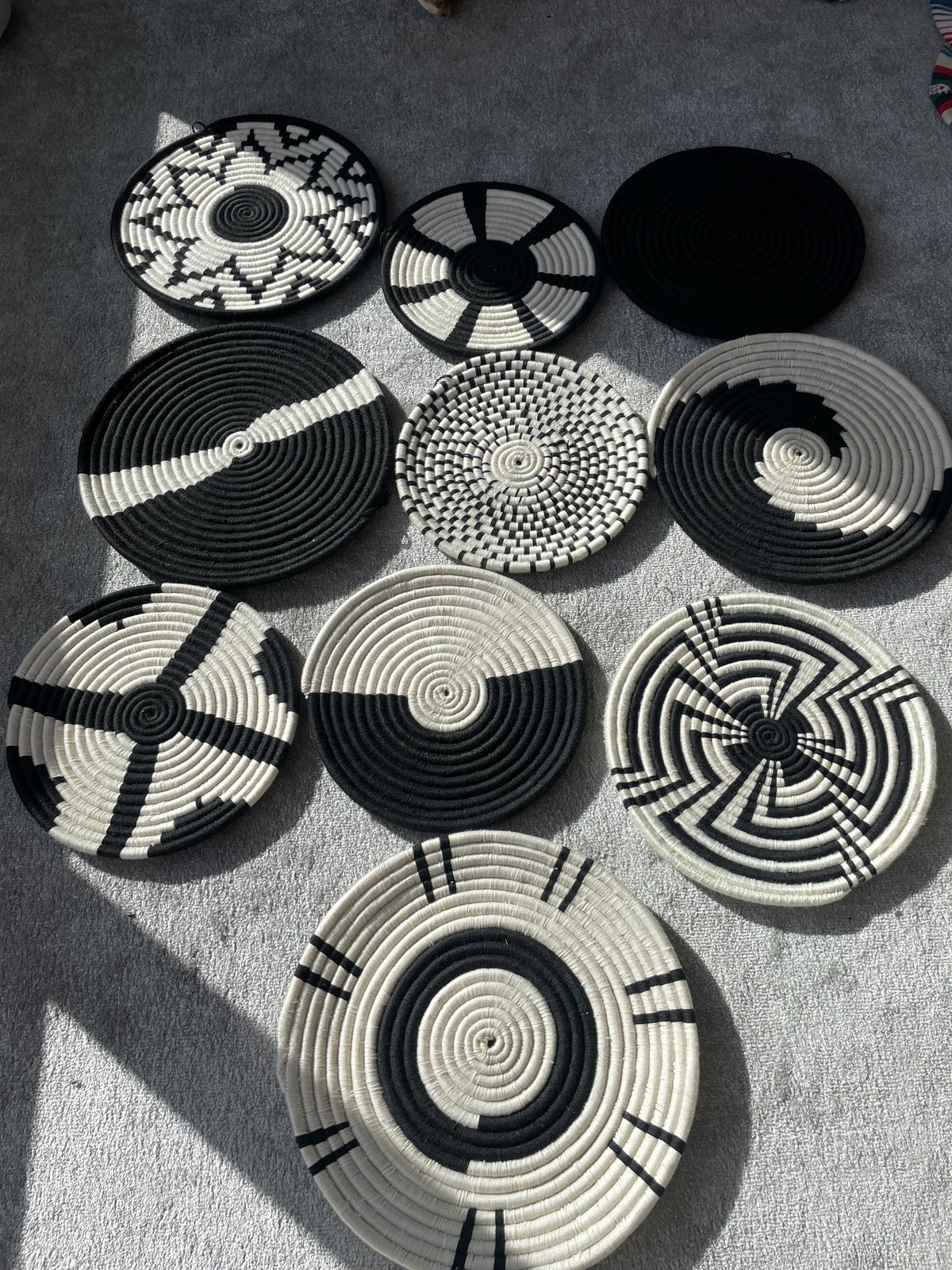 Handwoven Wall Basket Set of 10, Bohemian Wall Hanging, Black And White wall Art, Woven African Baskets, Living Room & Bedroom Wall Art