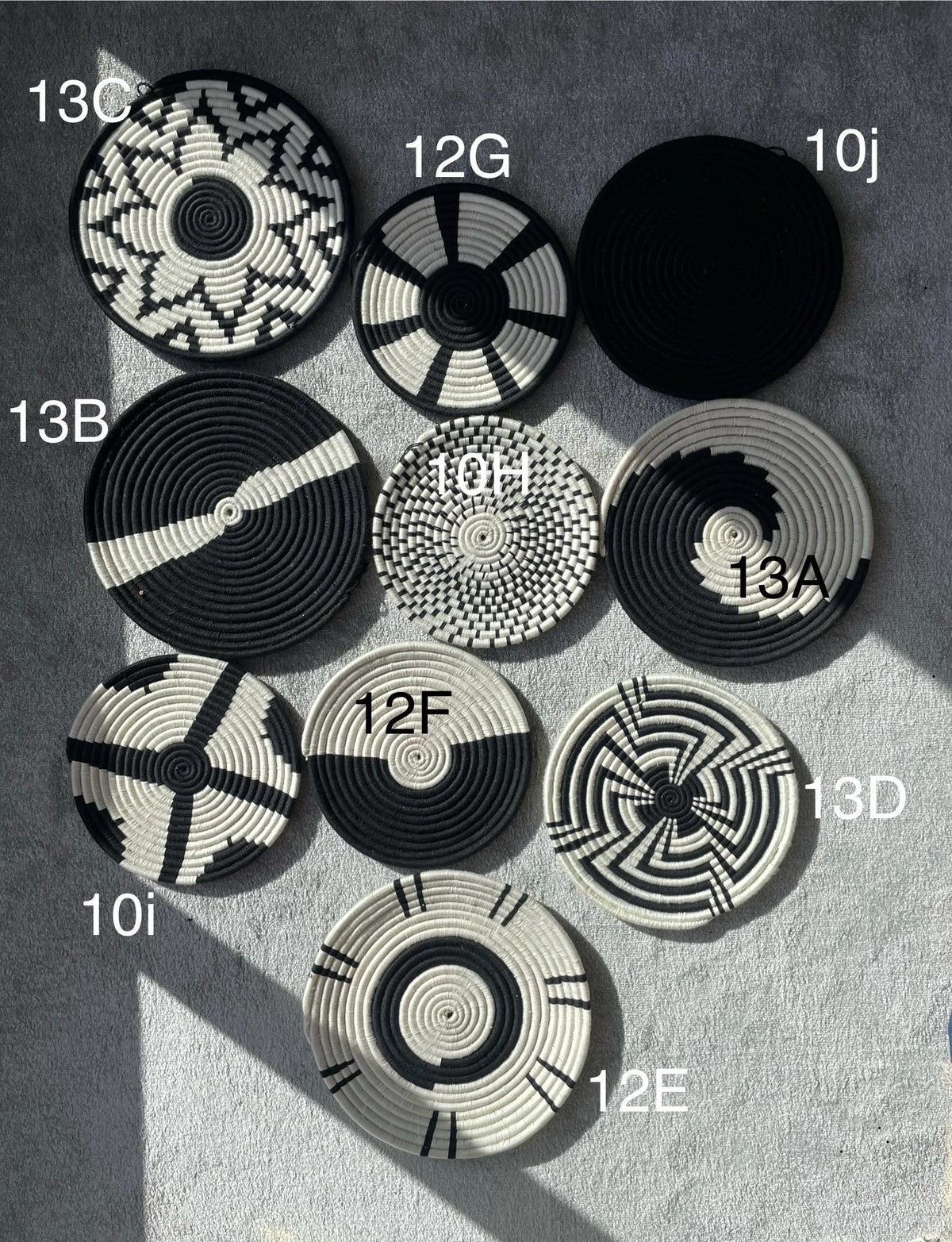 Handwoven Wall Basket Set of 10, Bohemian Wall Hanging, Black And White wall Art, Woven African Baskets, Living Room & Bedroom Wall Art