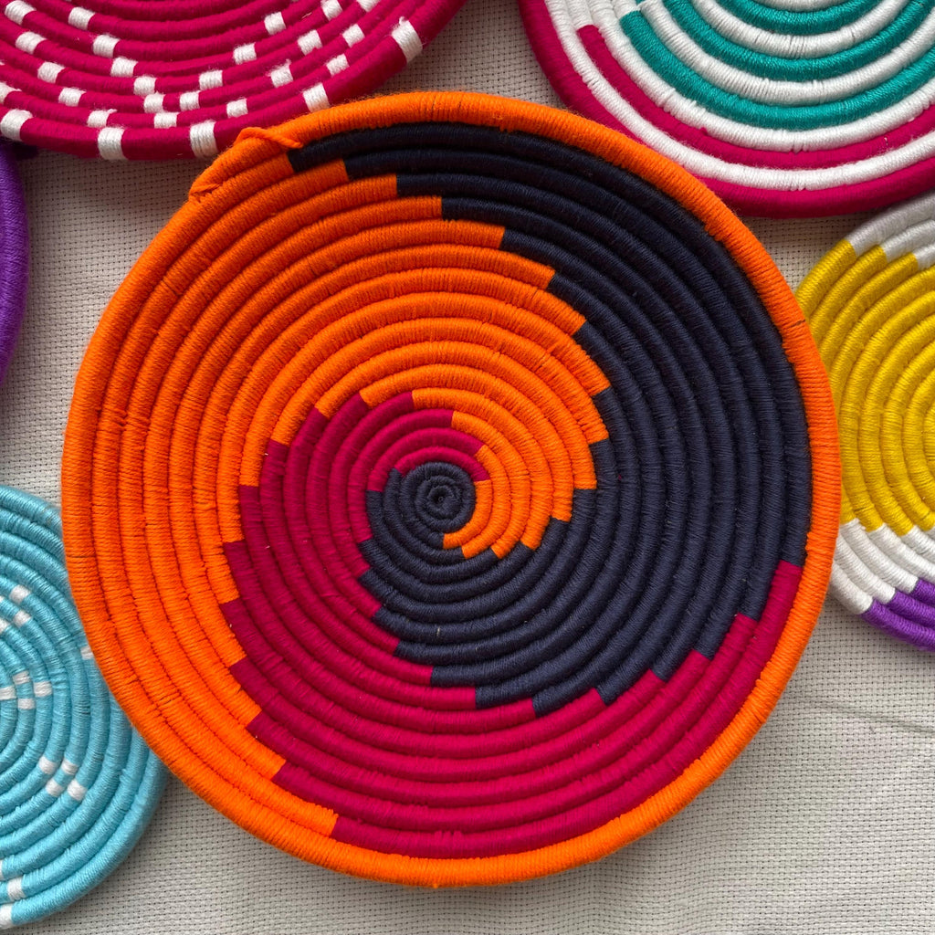 Woven Wall Basket Deocr Set of 14, Boho African Rwanda Basket Art, Hand Woven Colorful Wall Hangings, Bohemian Wall Decor
