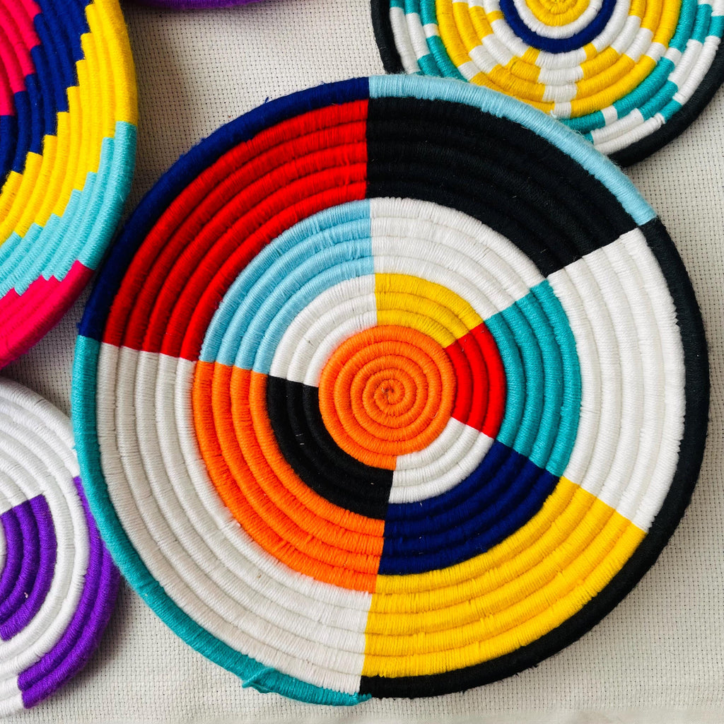 Woven Wall Basket Deocr Set of 14, Boho African Rwanda Basket Art, Hand Woven Colorful Wall Hangings, Bohemian Wall Decor
