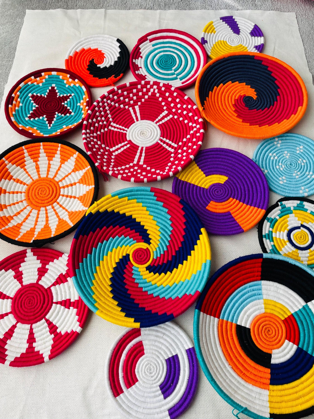 Woven Wall Basket Deocr Set of 14, Boho African Rwanda Basket Art, Hand Woven Colorful Wall Hangings, Bohemian Wall Decor
